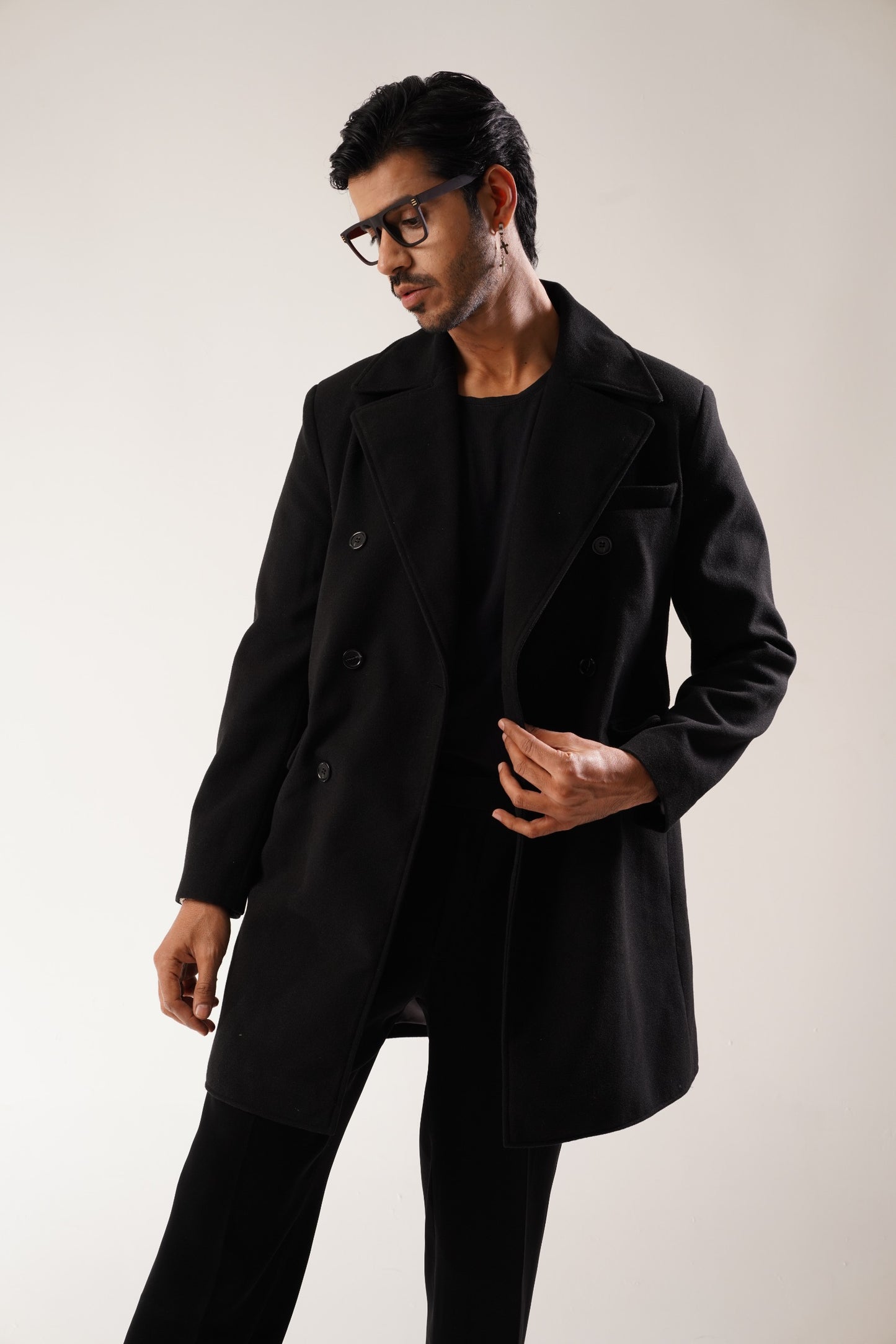 TEXTURED WOOL BLEND COAT - Black