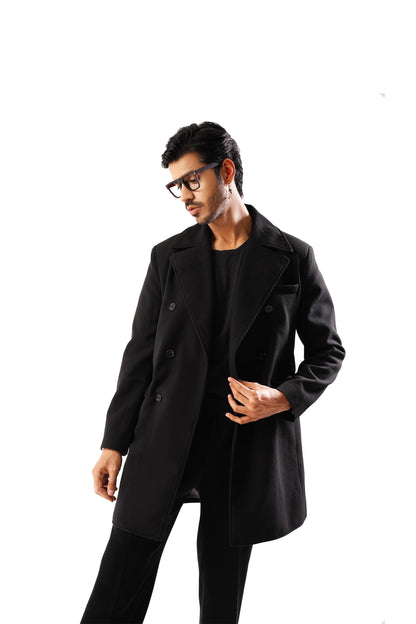 TEXTURED WOOL BLEND COAT - Black