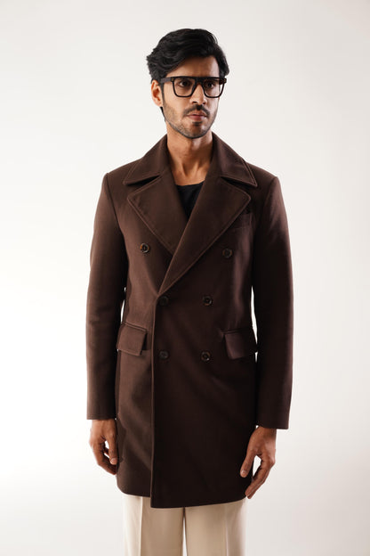 TEXTURED WOOL BLEND COAT - Brown