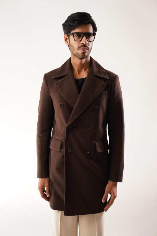 TEXTURED WOOL BLEND COAT - Brown