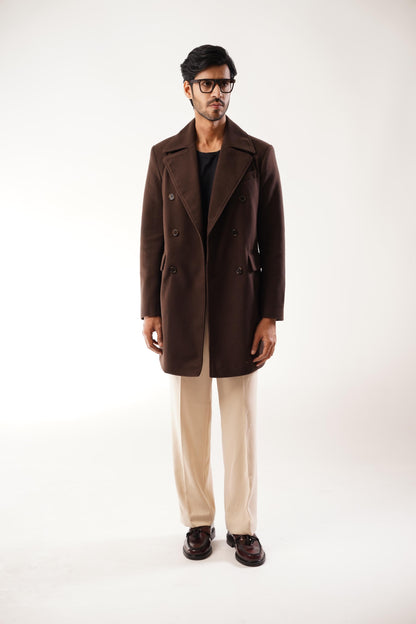 TEXTURED WOOL BLEND COAT - Brown