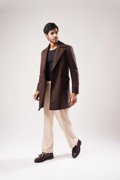 TEXTURED WOOL BLEND COAT - Brown